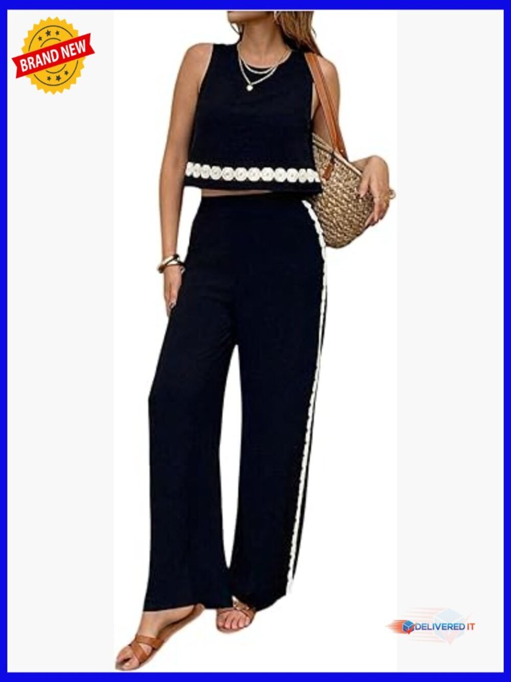 Women's 2-Piece Crop Top and Pants Summer Set, Sleeveless Resort Wear